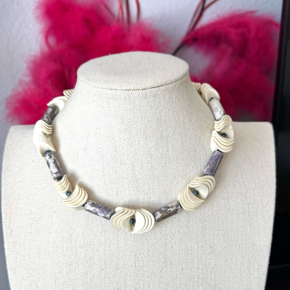 Artisan Jewelry - Artisan Cream and Purple Beaded Necklace